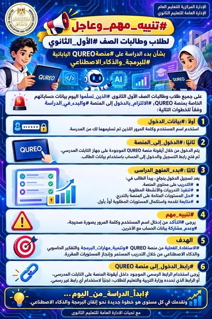 لطلاب الأول الثانوي.. خطوات التسجيل بدء بمنصة QUREO اليابانية لدراسة البرمجة